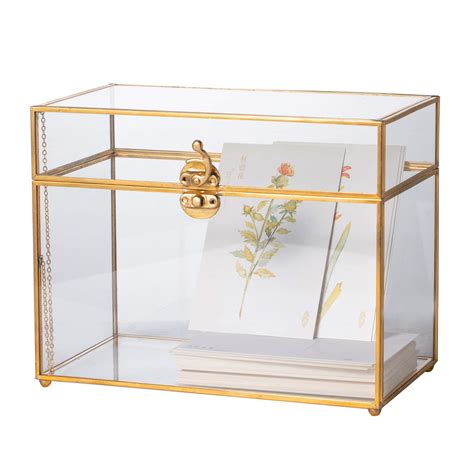 glass and metal card box|glass box with gold trim.